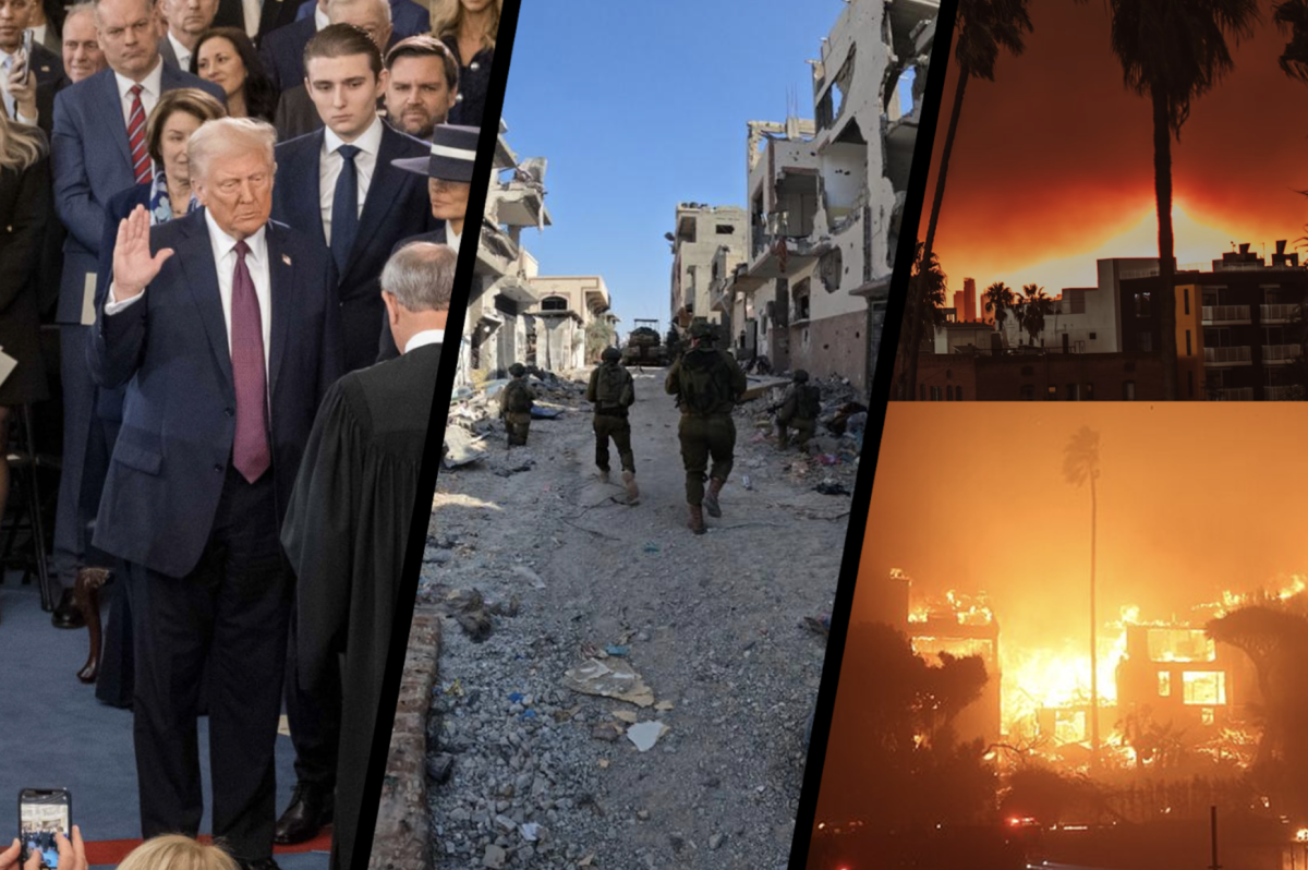  From left to right: President Donald Trump at his recent inauguration, Israeli military during ground operations, the Palisades fires. 